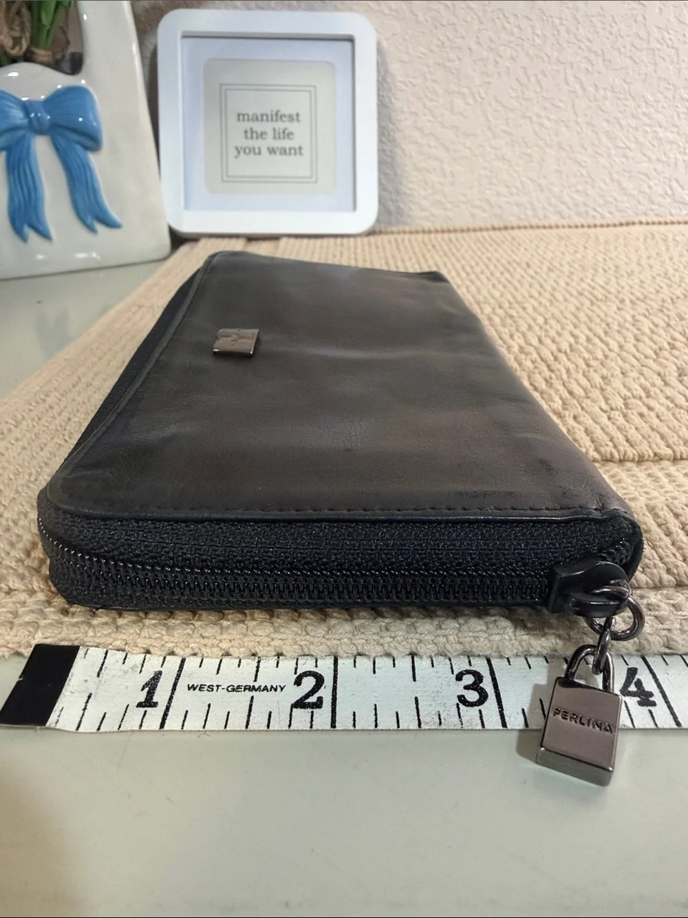 Perlina Black Genuine Leather Zip Around Wallet